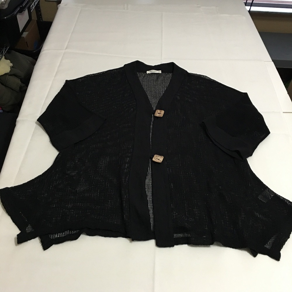Jess & Jane Cardigan Womens Medium Black Mesh Knit Button Front 3/4 Sleeve